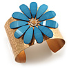 Wide Floral Hammered Gold Tone Cuff Bangle (Light Blue)