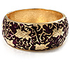 Wide Deep Purple Enamel Floral Pattern Hinged Bangle Bracelet (Gold Plated)