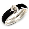 Statement Black Enamel Crystal Hinged Bangle Bracelet (Silver Tone)