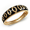Jet Black Ornamental Enamel Hinged Bangle Bracelet (Gold Tone)