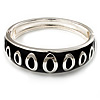 Jet Black Ornamental Enamel Hinged Bangle Bracelet (Silver Tone)