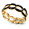 'Oval Link Chain' Jet Black Enamel Hinged Bangle Bracelet (Gold Tone)