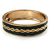 Teal Ornamental Enamel Hinged Bangle Bracelet (Gold Tone)