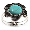 Turquoise Stone Flower Hinged Bangle Bracelet (Antique Silver)