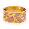 Wide Pink Enamel 'Flower & Butterfly' Hinged Bangle In Gold Plated Metal - 18cm Length
