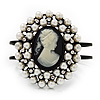 Large Simulated Pearl 'Classic Cameo' Hinged Bangle Bracelet In Black Metal - up to 18cm wrist