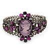 Victorian Style Cameo Purple Diamante Bangle Bracelet (Burn Silver)