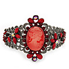Victorian Style Cameo Red Diamante Bangle Bracelet (Gun Metal Finish)