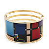 Wide Geometric Pattern Hinge Bangle Bracelet In Gold Finish - 18cm Length