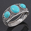 Burn Silver Effect Turquoise Stone Hammered Hinged Bangle - up to 19cm wrist