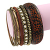 Antique Gold Metal & Mahogany Brown Animal Print Wood Bangle Set of 7 - 18cm Length