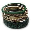 Antique Gold Metal & Dark Green Animal Print Wood Bangle Set of 7 - 18cm Length