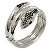 Black/Clear Swarovski Crystal 'Snake' Hinged Bangle Bracelet In Rhodium Plating - 19cm Length