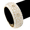White Enamel 'Daisy' Hinged Bangle Bracelet In Gold Plating - 19cm Length