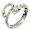 Sleek Swarovski Crystal Snake Hinged Bangle Bracelet In Rhodium Plating