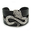 Clear Crystal Coiled Snake Black Leather Flex Cuff Bracelet - Adjustable