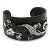 Crystal 'Gecko Lizard' Black Leather Flex Cuff Bracelet - Adjustable