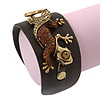 Crystal 'Gecko Lizard' Dark Brown Leather Flex Cuff Bracelet - Adjustable