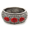 Burn Silver Effect Red Ceramic Stone Hammered Hinged Bangle - up to 19cm wrist