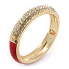Red Enamel Clear Crystal Hinged Bangle Bracelet In Gold Plating - 19cm Length