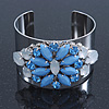 Rhodium Plated Light Blue/ Milky White Acrylic Bead Floral Cuff Bangle - up to 20cm Length