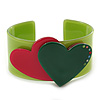 Salad Green, Magenta, Dark Green Acrylic, Austrian Crystal Hearts Cuff Bracelet - 19cm L