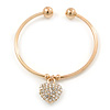 Gold Tone Slip-On Cuff Bracelet With A Crystal Heart Charm - 18cm L