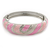 Pink Enamel Crystal Hinged Bangle Bracelet In Silver Tone - 18cm L