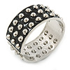 Chunky Black Enamel Spiked Hinged Bangle In Silver Plating - 19cm Length