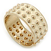 Chunky Milky White Enamel Spiked Hinged Bangle In Gold Plating - 19cm L