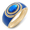 Royal Blue Enamel Crystal Hinged Bangle Bracelet In Gold Plating - 18cm L