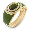 Olive Green Enamel Crystal Hinged Bangle Bracelet In Gold Plating - 18cm L