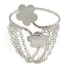 Silver Tone Double Flower Hammered Upper Arm/ Armlet Bracelet with Chains - Adjustable