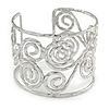 Wide Hammered Twirl Motif Cuff Bracelet In Silver Tone - 18cm Long
