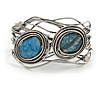 Vintage Inspired Blue Semiprecious Stone Wire Cuff Bracelet/ Bangle - Silver Tone - Adjustable