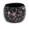 Wide Chunky Wooden Bangle Bracelet Abstract Pattern in Black/ White/ Pink - Medium Size