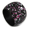 Wide Chunky Wooden Bangle Bracelet Abstract Pattern in Black/ White/ Pink - Medium Size