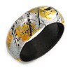 Wooden Bangle Bracelet in Abstract Paint in Metallic Silver/ Yellow/ Black/ White - Medium Size