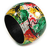 Wide Chunky Wooden Bangle Bracelet in Abstract Paint in Multi - Medium Size