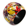 Wide Chunky Wooden Bangle Bracelet in Abstract Paint in Multi - Medium Size