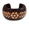 Wide Chunky Wooden Cuff Bracelet/ Bangle with Floral Motif/ Medium /Possible Natural Irregularities