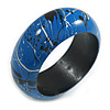 Round Wooden Bangle Bracelet with Abstract Motif Painted in Blue/Metallic Silver/Black Colours - Medium Size