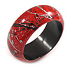 Round Wooden Bangle Bracelet with Abstract Motif Painted in Red/Metallic Silver/Black Colours - Medium Size