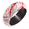 Round Wooden Bangle Bracelet with Abstract Motif Painted in White/Metallic Silver/Red Colours - Medium Size