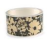 Cream/Black Floral Pattern Oval Hinged Bangle Bracelet in Silver Tone - Size M