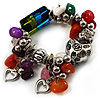 Multicolour Bead&Stone Heart Charm Flex Bracelet (Antique Silver Tone)