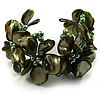 Olive Green Floral Shell & Simulated Pearl Cuff Bracelet