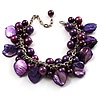 Deep Purple Simulated Pearl Bead & Shell Charm Bracelet (Silver Tone)