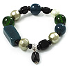 Glass, Ceramic & Plastic Bead Charm Flex Bracelet (Teal, Green & Black)