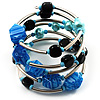 Silver-Tone Glass Bead Coil Bracelet (Black, Aqua & Sky Blue)